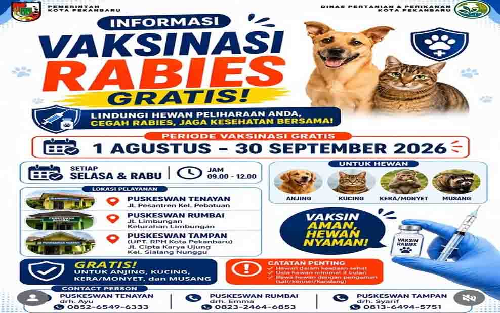Distankan Pekanbaru Sediakan Vaksinasi Rabies Gratis Mulai Agustus 2026