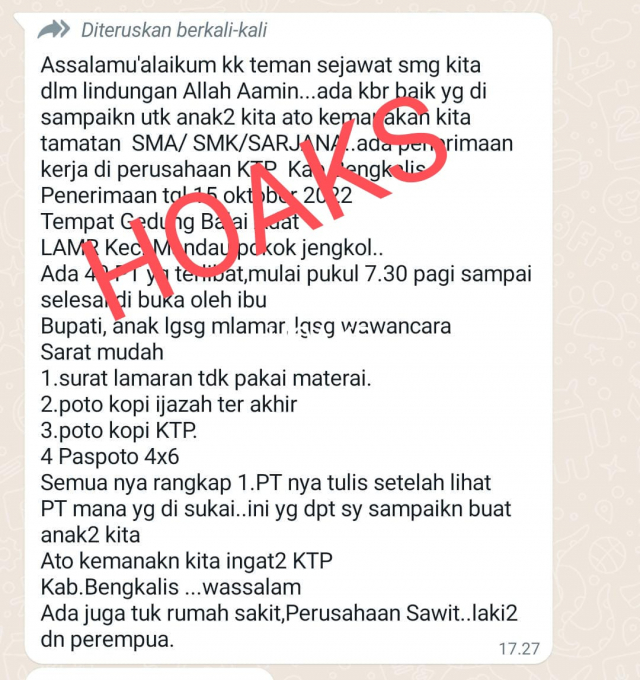 Beredar Pesan Berantai Bupati Bengkalis Buka Lowongan Kerja Besar-besaran, Ini Kata Kadiskominfotik