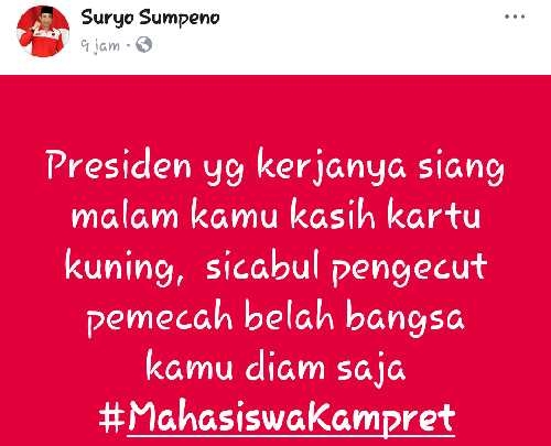 Pasca Kartu Kuning untuk Jokowi, Kader PDI-P Meranti Bikin Status Fb dengan Hashtag #MahasiswaKampret