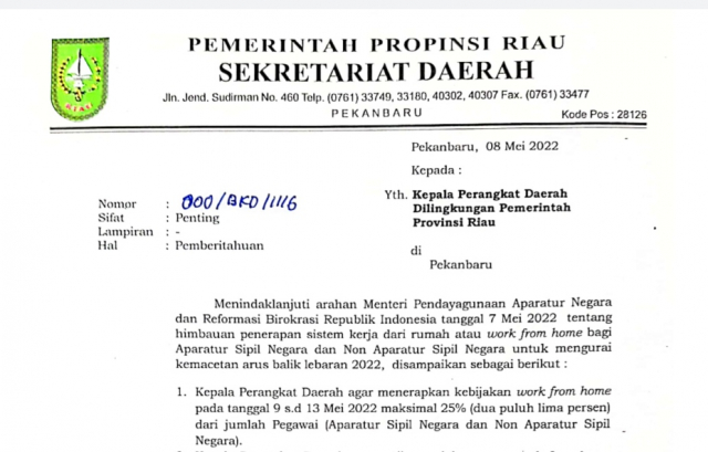Pemprov Riau Terapkan WFH 25 Persen Bagi Pegawai Pasca Libur Lebaran