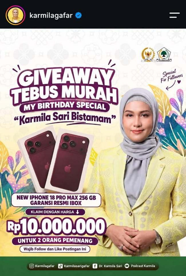 Akun Instagram Anggota DPR RI Dapil Riau Karmila Sari Diretas, Masyarakat Diminta Waspada Penipuan Promo Emas