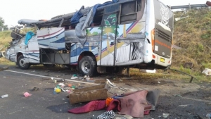 GoRiau Bus SAN BM 7724 TV Tabrak Truk dan Terjungkal, 3 Penumpang Tewas dan Puluhan Luka-luka