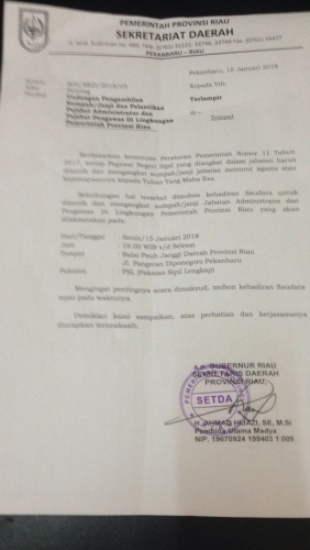 Undangan Beredar, Mutasi Pejabat Eselon III dan IV Pemprov Riau Dilakukan Nanti Malam