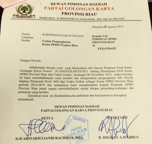 Andi Rachman Akhirnya Mengalah, SK Pengangkatan Septina Jadi Ketua DPRD Riau Sudah Diteken