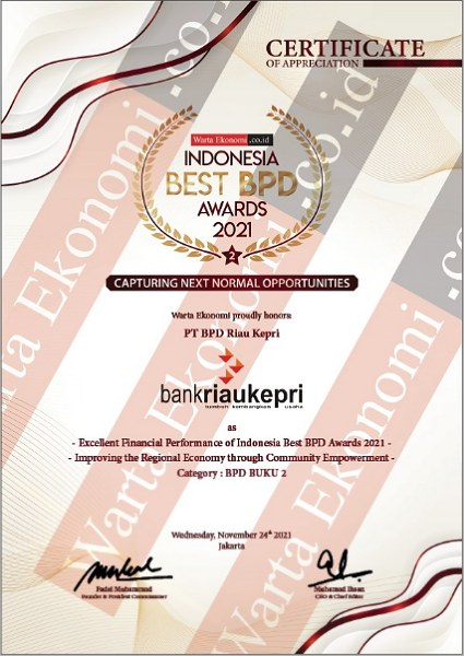 Bank Riau Kepri Raih Indonesia Best BPD Awards 2021 Kategori BUKU 2