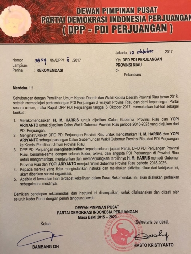 Beredar Surat Rekomendasi PDIP untuk HM Harris sebagai Cagub Riau, Ini Kata Harris