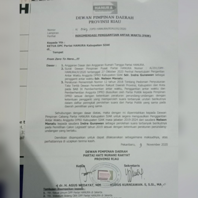 Anggota DPRD Siak Nelson Manalu Dipenjara, DPP Hanura Minta Proses PAW Disegerakan