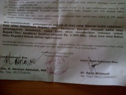 Waw.. Herman-Agus Janjikan Rp 2,5 Juta Untuk Setiap Laporan Pelanggaran Pilgubri Putaran Kedua