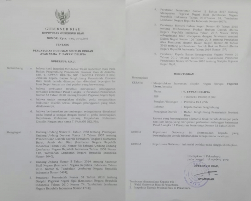Ke Luar Negeri Tanpa Izin, Kepala Badan Penghubung Pemprov Riau Dikenakan Hukuman Disiplin Ringan