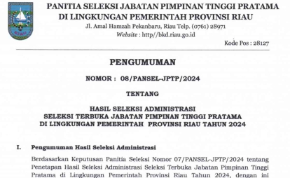 30 Peserta Lulus Seleksi Administrasi Asesmen 4 Jabatan Eselon II Pemprov Riau, Berikut Daftar Namanya