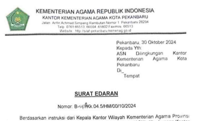 Kemenag Pekanbaru Terbitkan Surat Edaran Hasil Pembinaan Kakanwil, Ini Isinya