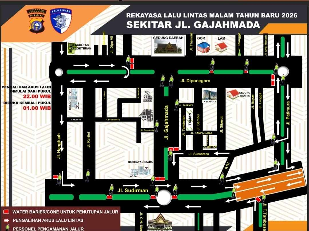 Ada Pengalihan Arus Malam Tahun Baru 2026, Sejumlah Jalan di Pekanbaru Ditutup